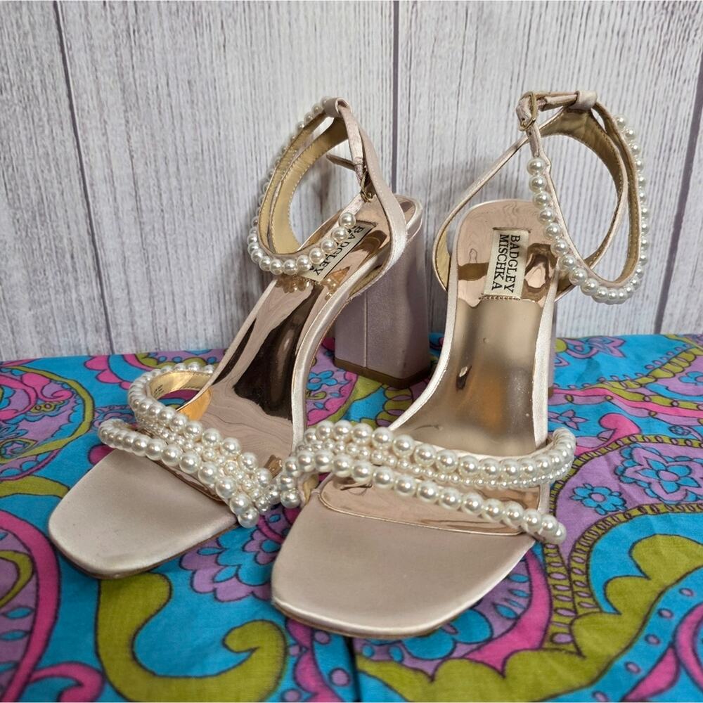Badgley Mischka Feisty Pearl Embellished Block Heel Sandals, Size 8